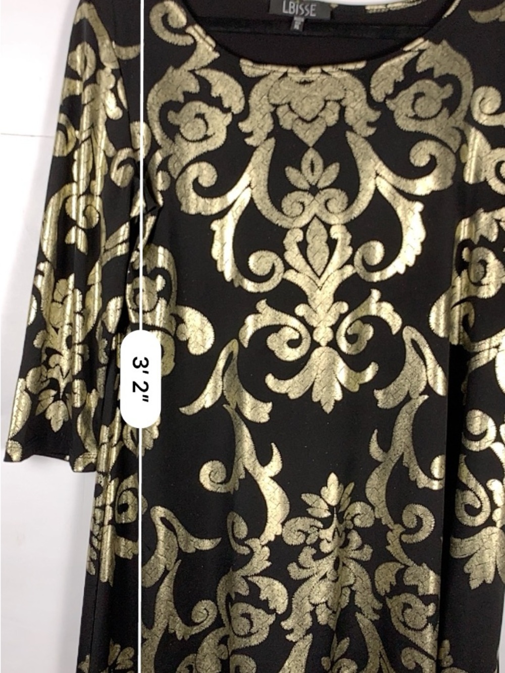 LBISSE Tunic Top XL Black Gold Baroque Metallic 3/4 Sleeve Handkerchief Hem - Picture 12 of 14